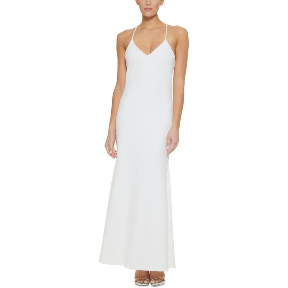 DKNY Womens White Scuba Maxi Sleeveless Evening Dress Gown NWT